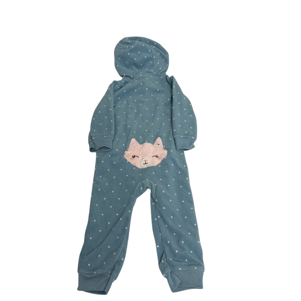 Carters Baby Girl 18M Blue Polka Dot Fleece Hooded Jumpsuit Romper Cat Back Zip - Picture 2 of 8